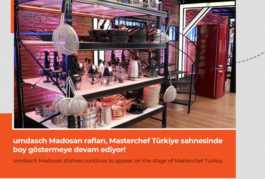Masterchef Türkiye kitchen scene, featuring durable and organized umdasch Madosan shelving units in the background.